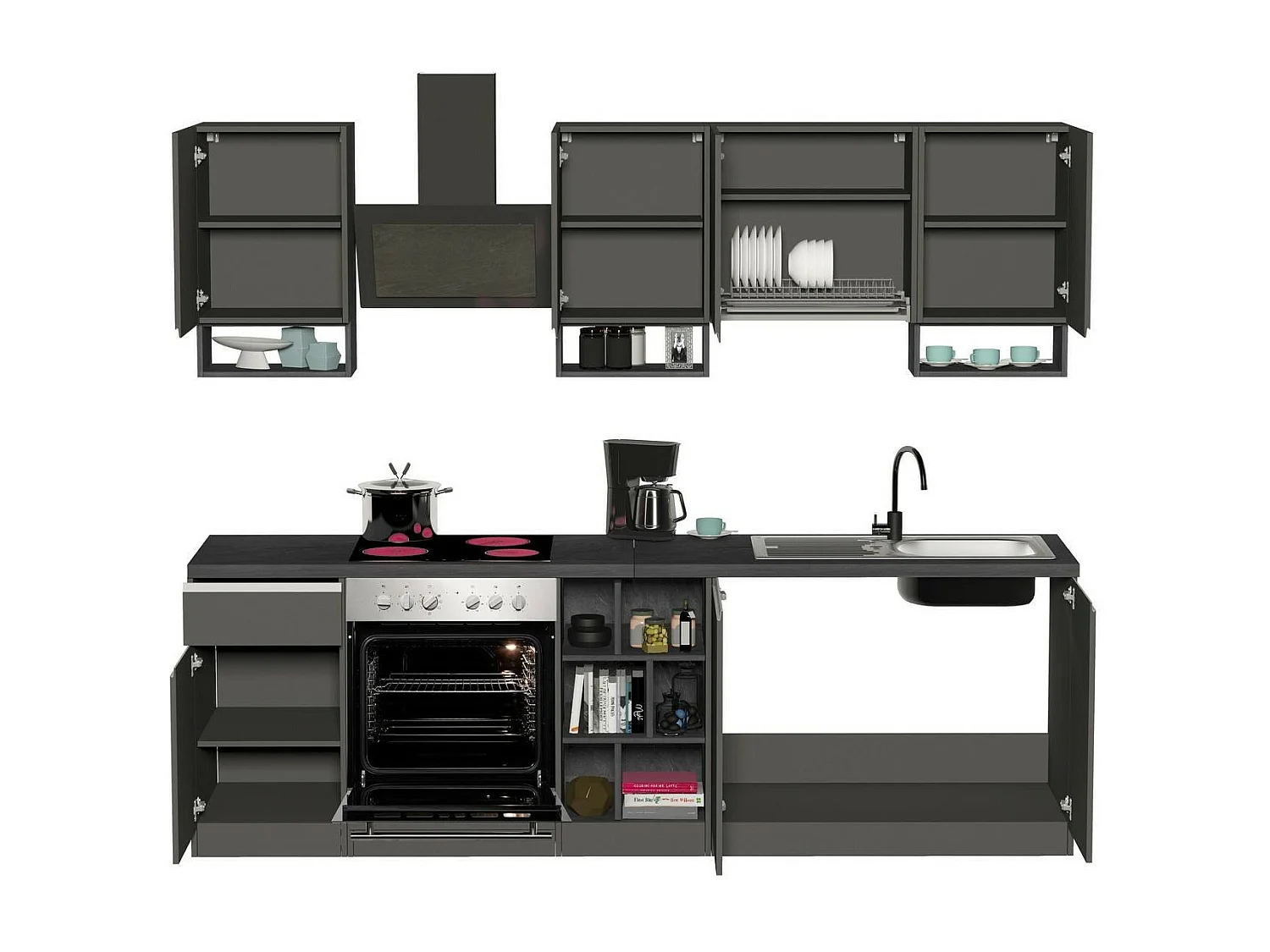 Keuken Attimis, 19 planken, gemaakt in Italië, leigrijs, kitchenette, één lade, 20 vakken