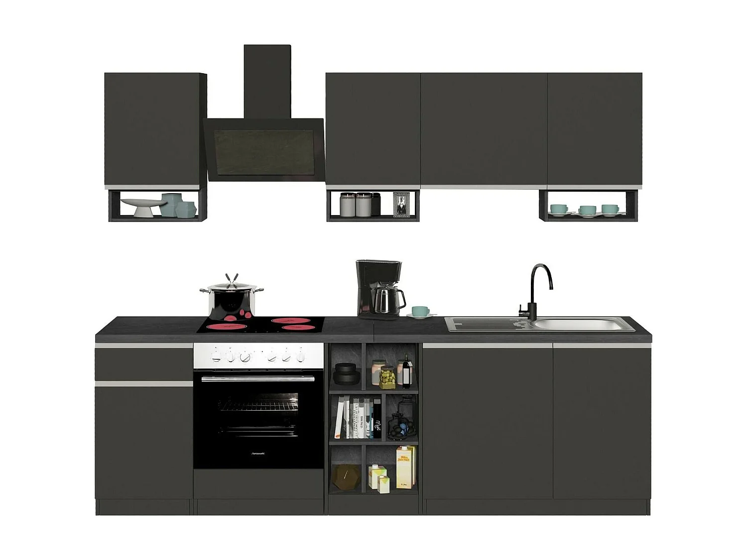 Keuken Attimis, 19 planken, gemaakt in Italië, leigrijs, kitchenette, één lade, 20 vakken