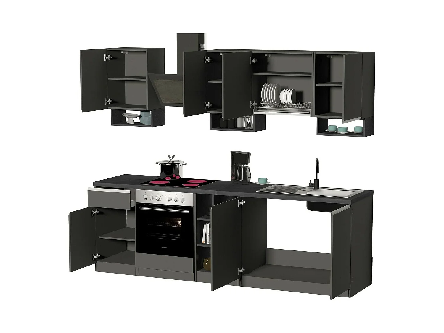 Cocina Attimis, 19 estantes Hecho en Italia, gris pizarra, cocinita, un cajón, 20 compartimentos, Electrodomésticos no incluidos