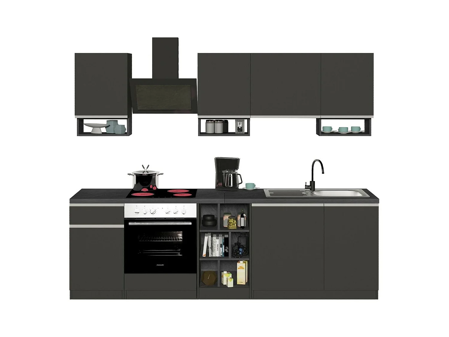 Cuisine Attimis, 19 étagères fabriquée en Italie, gris ardoise, kitchenette, un tiroir, 20 compartiments, Électroménagers non inclus