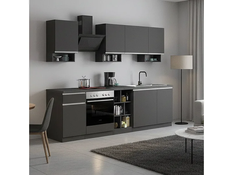 Dcelient complete keuken, Set met bijkeuken, Keukenkast, Lineaire blokkit, 100% Made in Italy, 255x60h85 cm, Antraciet en Leisteen