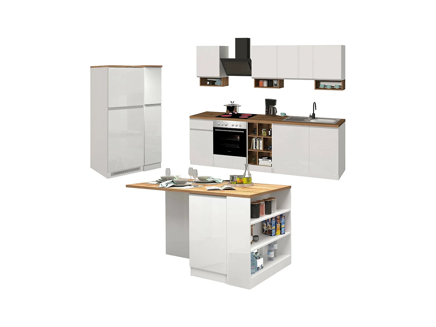 Cuisine complète Daquilant, Ensemble avec garde-manger, Meuble de kitchenette, Kit bloc avec îlot et porte-frigo, 100% Made in Italy, Blanc brillant et chêne