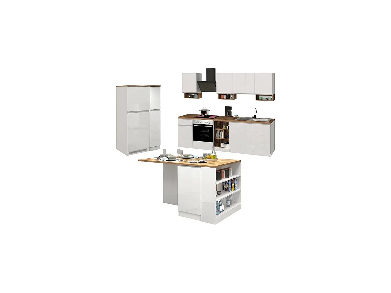Cocina completa Armend, Set con despensa, Mueble cocina, Kit de bloques con isla y soporte para frigorífico, 100% Made in Italy, Blanco brillo y roble