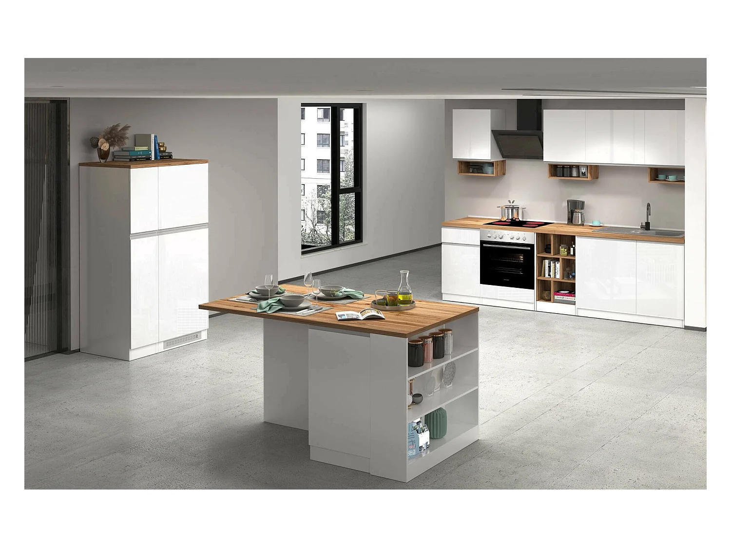 Cuisine complète Daquilant, Ensemble avec garde-manger, Meuble de kitchenette, Kit bloc avec îlot et porte-frigo, 100% Made in Italy, Blanc brillant et chêne
