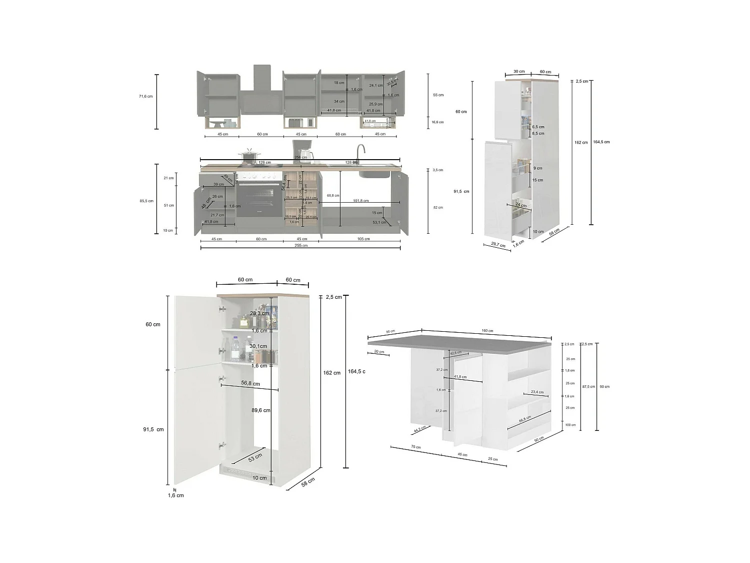 Cuisine complète Daquilant, Ensemble avec garde-manger, Meuble de kitchenette, Kit bloc avec îlot et porte-frigo, 100% Made in Italy, Blanc brillant et chêne