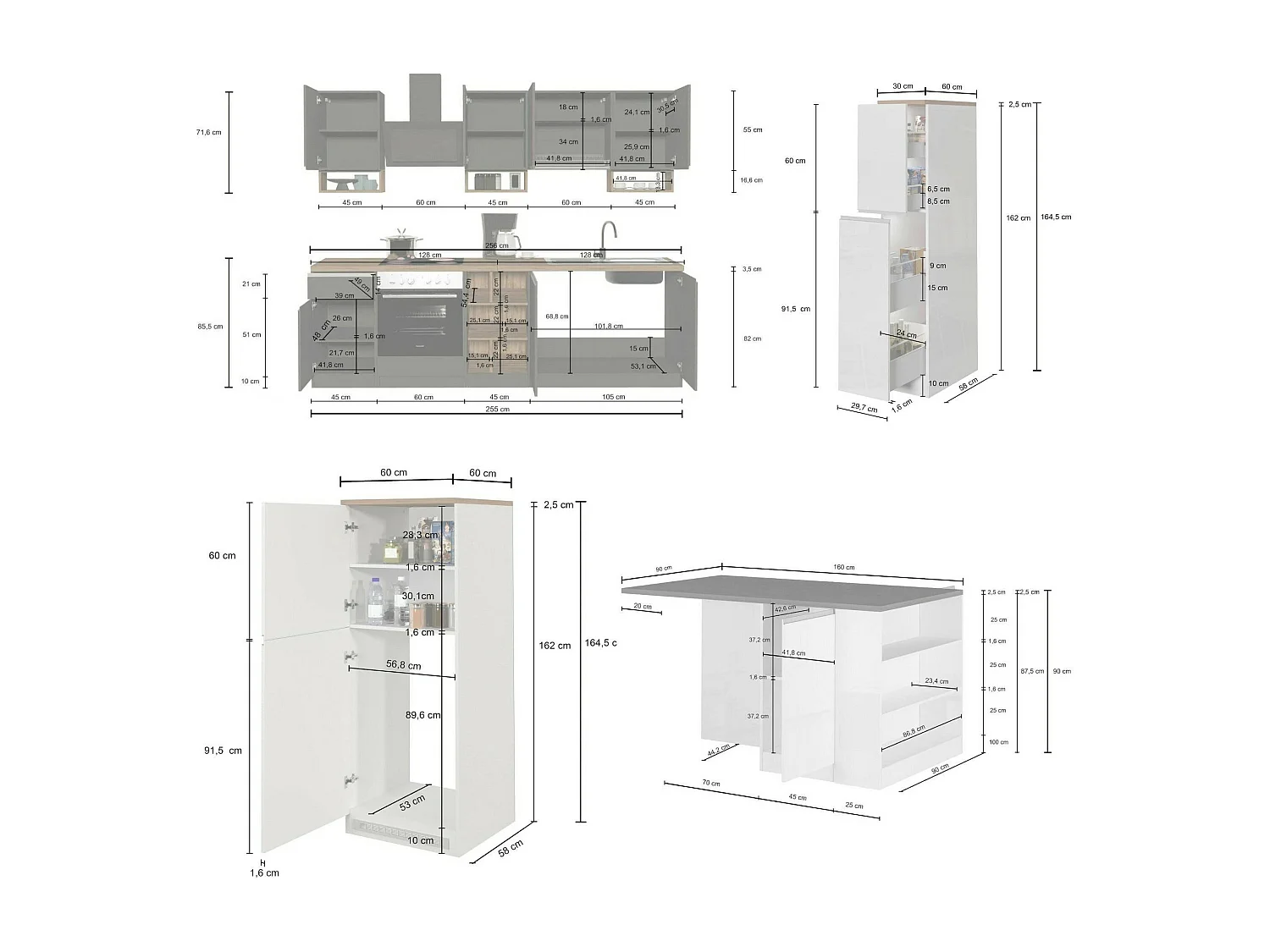 Cuisine complète Daquilant, Ensemble avec garde-manger, Meuble de kitchenette, Kit bloc avec îlot et porte-frigo, 100% Made in Italy, Blanc brillant et chêne