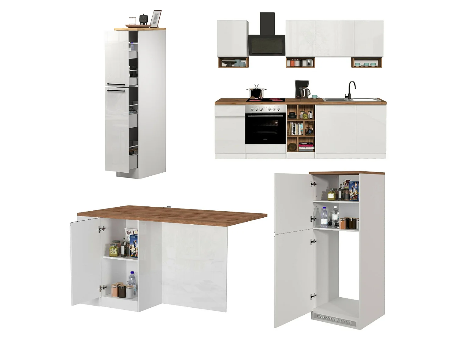 Cuisine Armend, modulable, fabriquée en Italie, blanc brillant, coin cuisine, 30 étagères, 3 tiroirs, Électroménagers non inclus