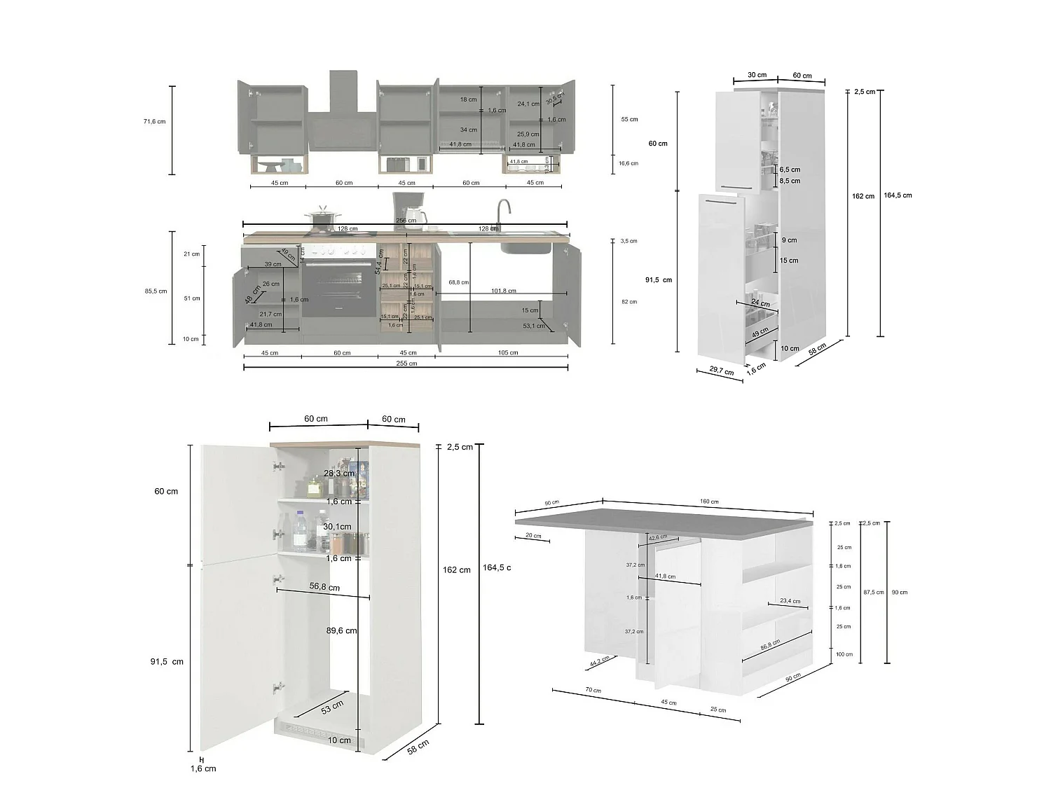 Cuisine Armend, modulable, fabriquée en Italie, blanc brillant, coin cuisine, 30 étagères, 3 tiroirs, Électroménagers non inclus