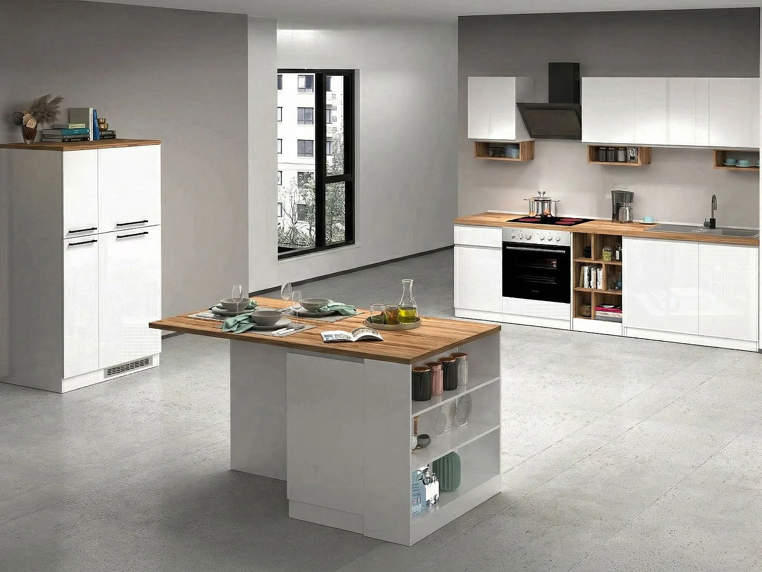 Cuisine Armend, modulable, fabriquée en Italie, blanc brillant, coin cuisine, 30 étagères, 3 tiroirs, Électroménagers non inclus