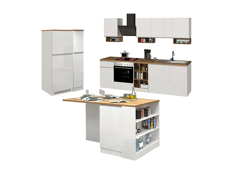 Cuisine complète Daquilant, Ensemble avec garde-manger, Meuble de kitchenette, Kit bloc avec îlot et porte-frigo, 100% Made in Italy, Blanc brillant et chêne
