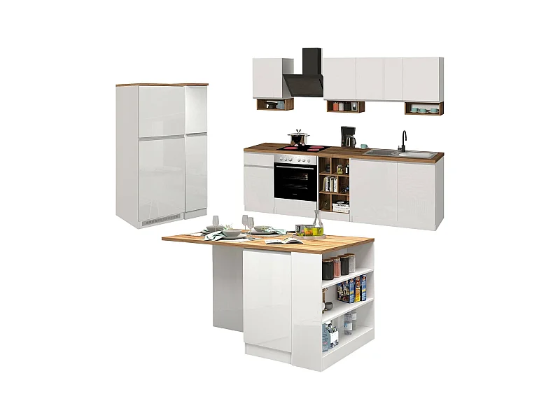 Cuisine complète Daquilant, Ensemble avec garde-manger, Meuble de kitchenette, Kit bloc avec îlot et porte-frigo, 100% Made in Italy, Blanc brillant et chêne