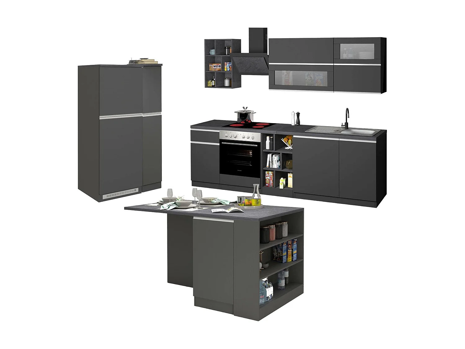 Cuisine complète Dancelott, Ensemble avec garde-manger, Meuble de kitchenette, Kit bloc avec îlot et porte-frigo, 100% Made in Italy, Anthracite et Ardoise
