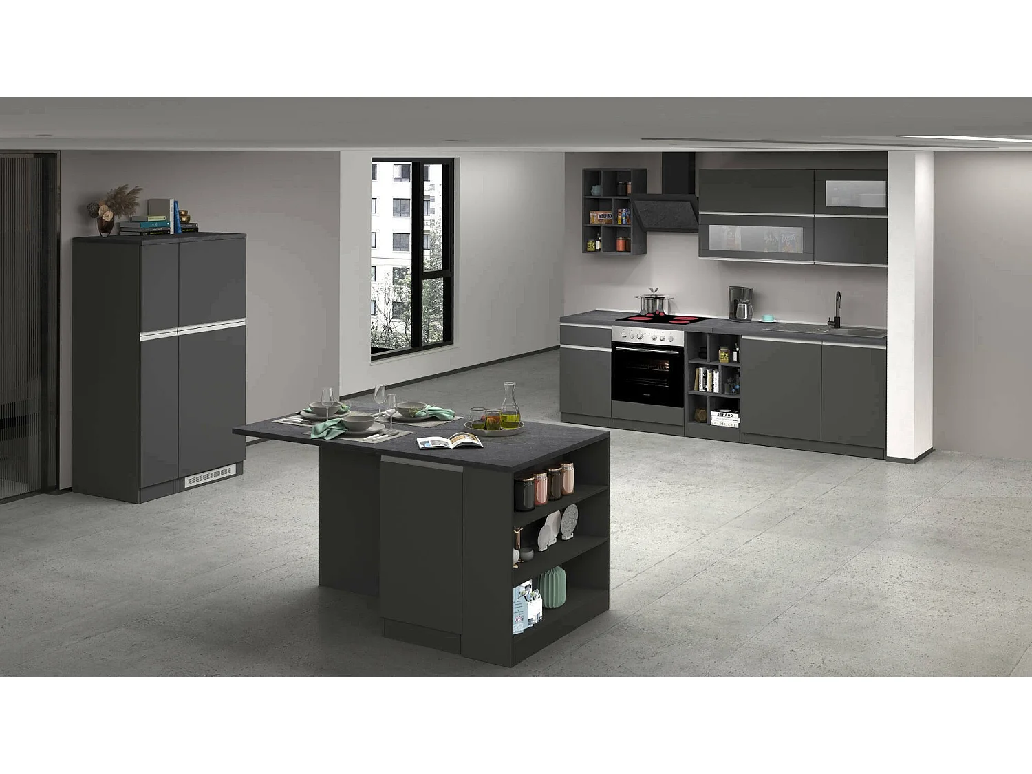 Cuisine complète Dancelott, Ensemble avec garde-manger, Meuble de kitchenette, Kit bloc avec îlot et porte-frigo, 100% Made in Italy, Anthracite et Ardoise
