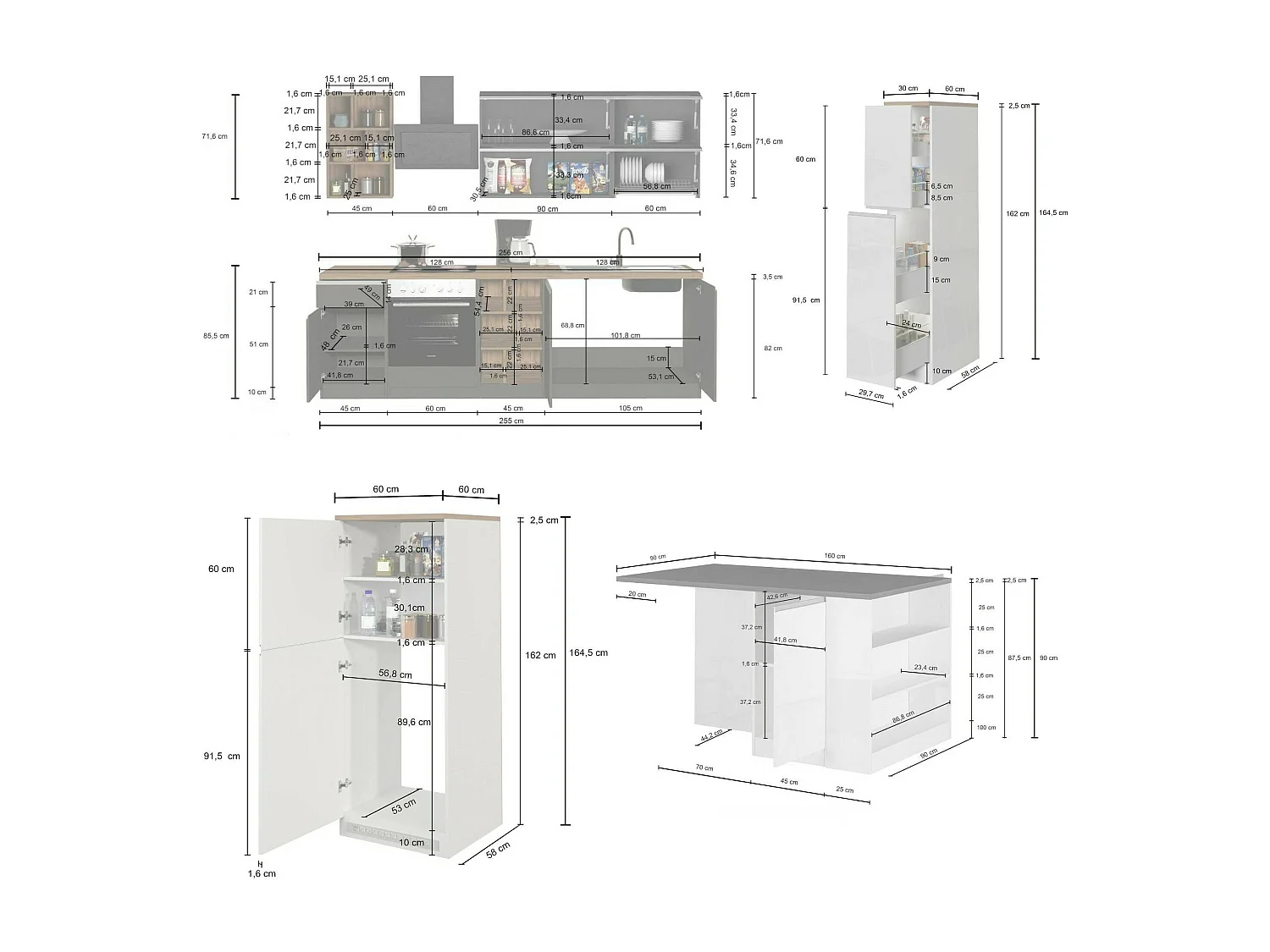 Cuisine complète Dancelott, Ensemble avec garde-manger, Meuble de kitchenette, Kit bloc avec îlot et porte-frigo, 100% Made in Italy, Anthracite et Ardoise