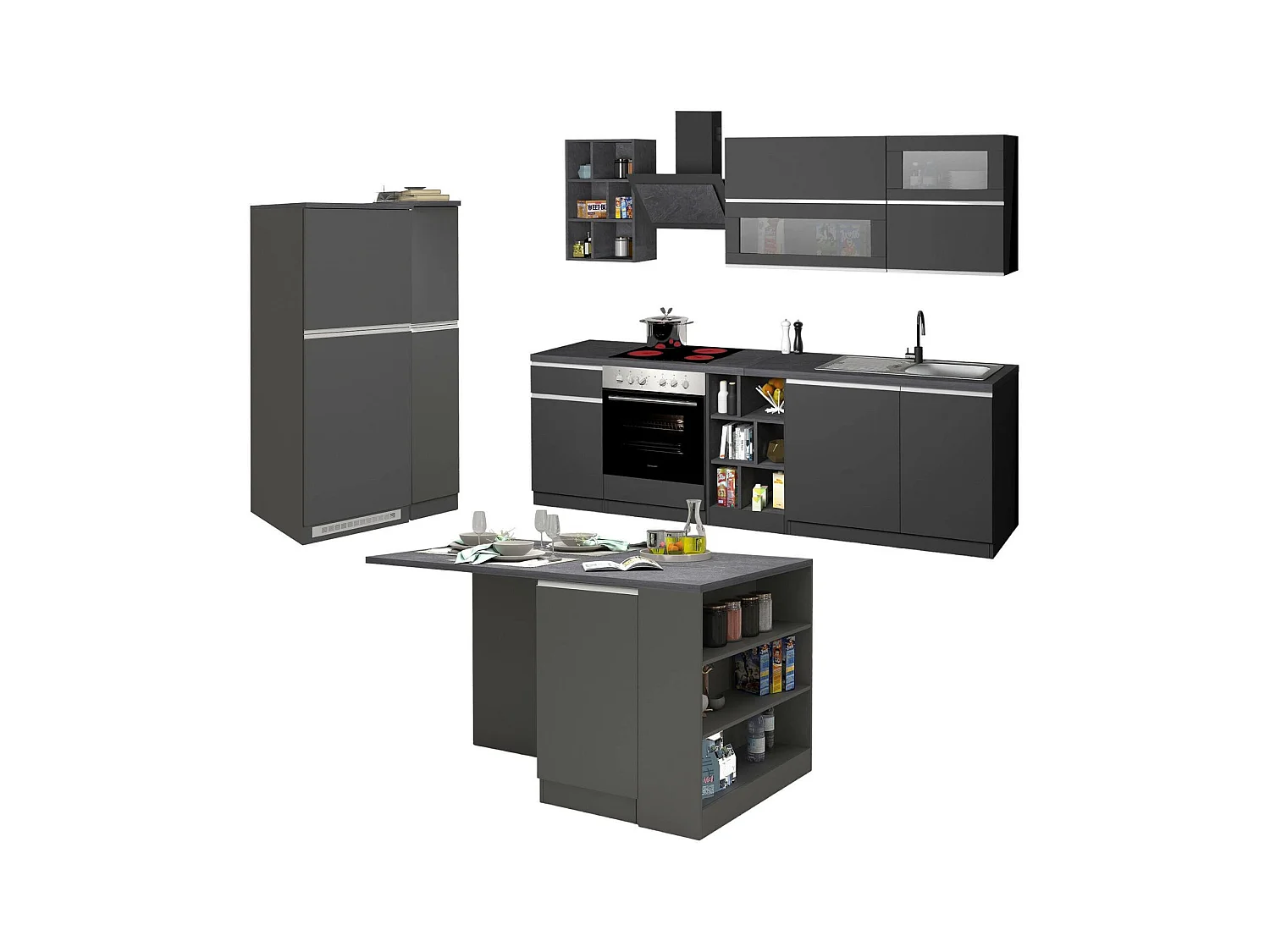 Vollständige Küche Dancelott, Set mit Speisekammer, Küchenzeile Schrank, Blockbausatz mit Insel und Kühlschrankträger, 100 % Made in Italy, Anthrazit und Schiefer