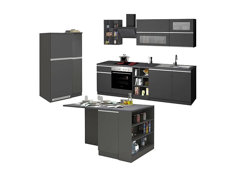 Cuisine complète Dancelott, Ensemble avec garde-manger, Meuble de kitchenette, Kit bloc avec îlot et porte-frigo, 100% Made in Italy, Anthracite et Ardoise