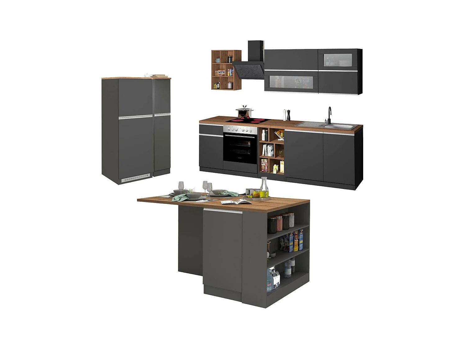 Vollständige Küche Danderso, Set mit Speisekammer, Küchenzeile Schrank, Blockbausatz mit Insel und Kühlschrankträger, 100 % Made in Italy, Anthrazit und Eiche