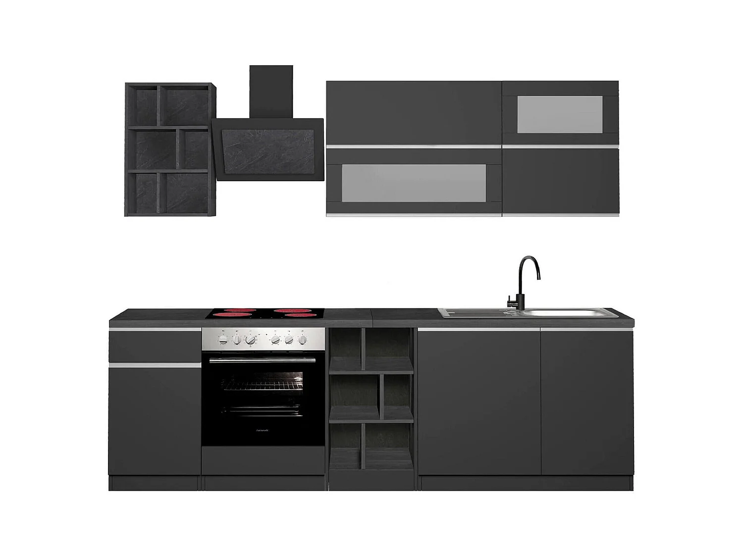 Cuisine complète Dcastill, Ensemble avec garde-manger, Meuble de kitchenette, Kit bloc linéaire, 100% Made in Italy, 255x60h85 cm, Anthracite et Ardoise