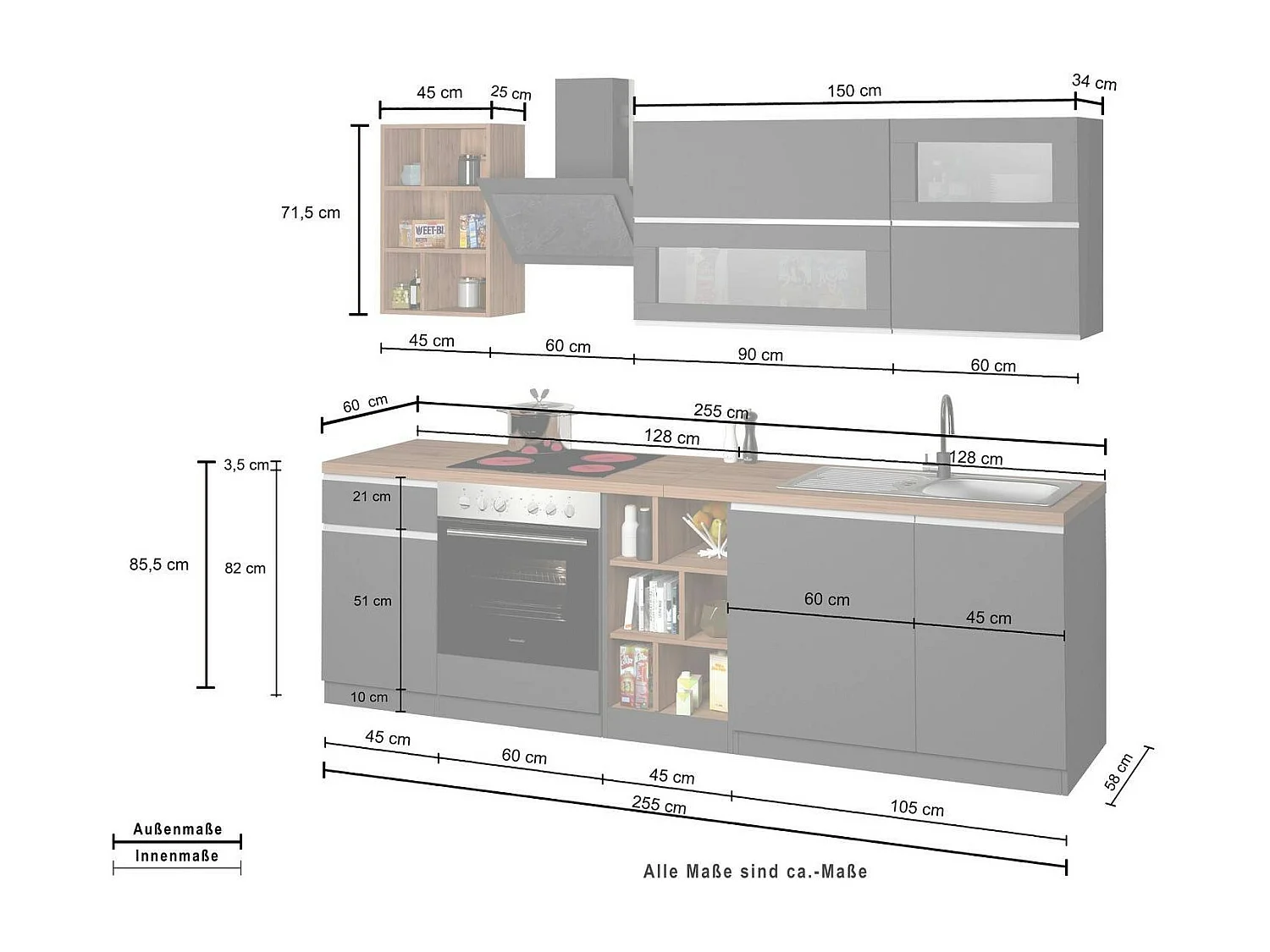 Cozinha completa Dcastill, Conjunto com despensa, Armário de cozinha, Kit de bloco linear, 100% Fabricado em Itália, 255x60h85 cm, Antracite e Ardósia