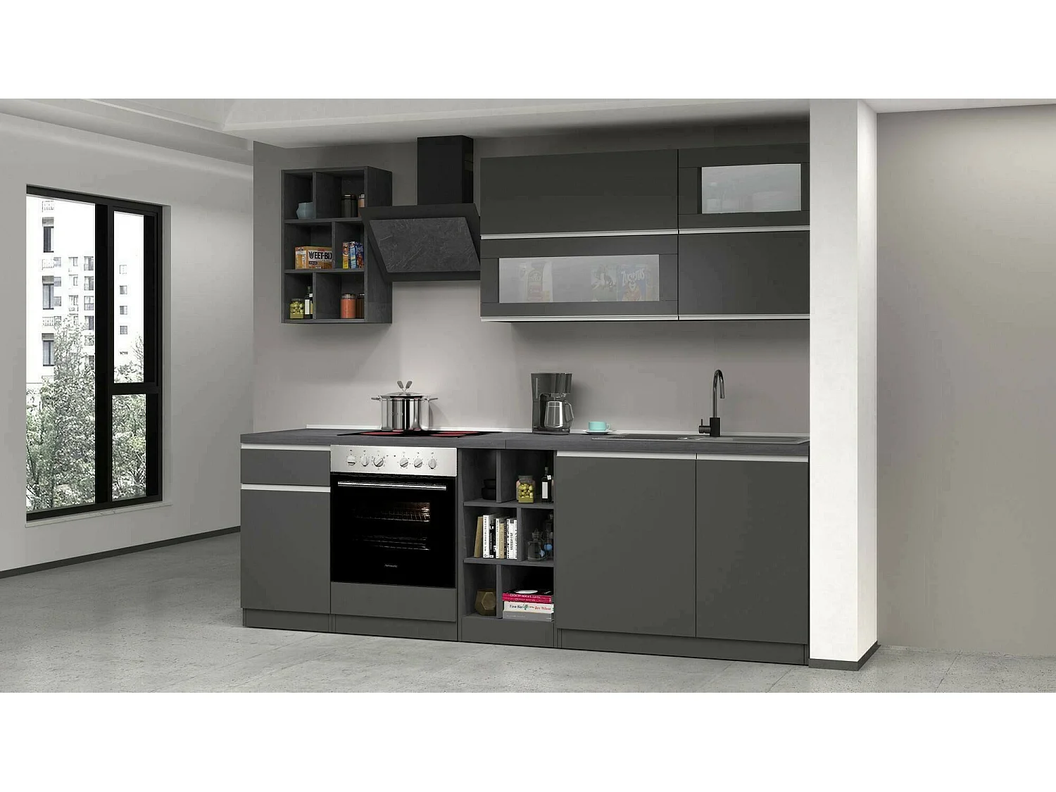 Cuisine complète Dcastill, Ensemble avec garde-manger, Meuble de kitchenette, Kit bloc linéaire, 100% Made in Italy, 255x60h85 cm, Anthracite et Ardoise