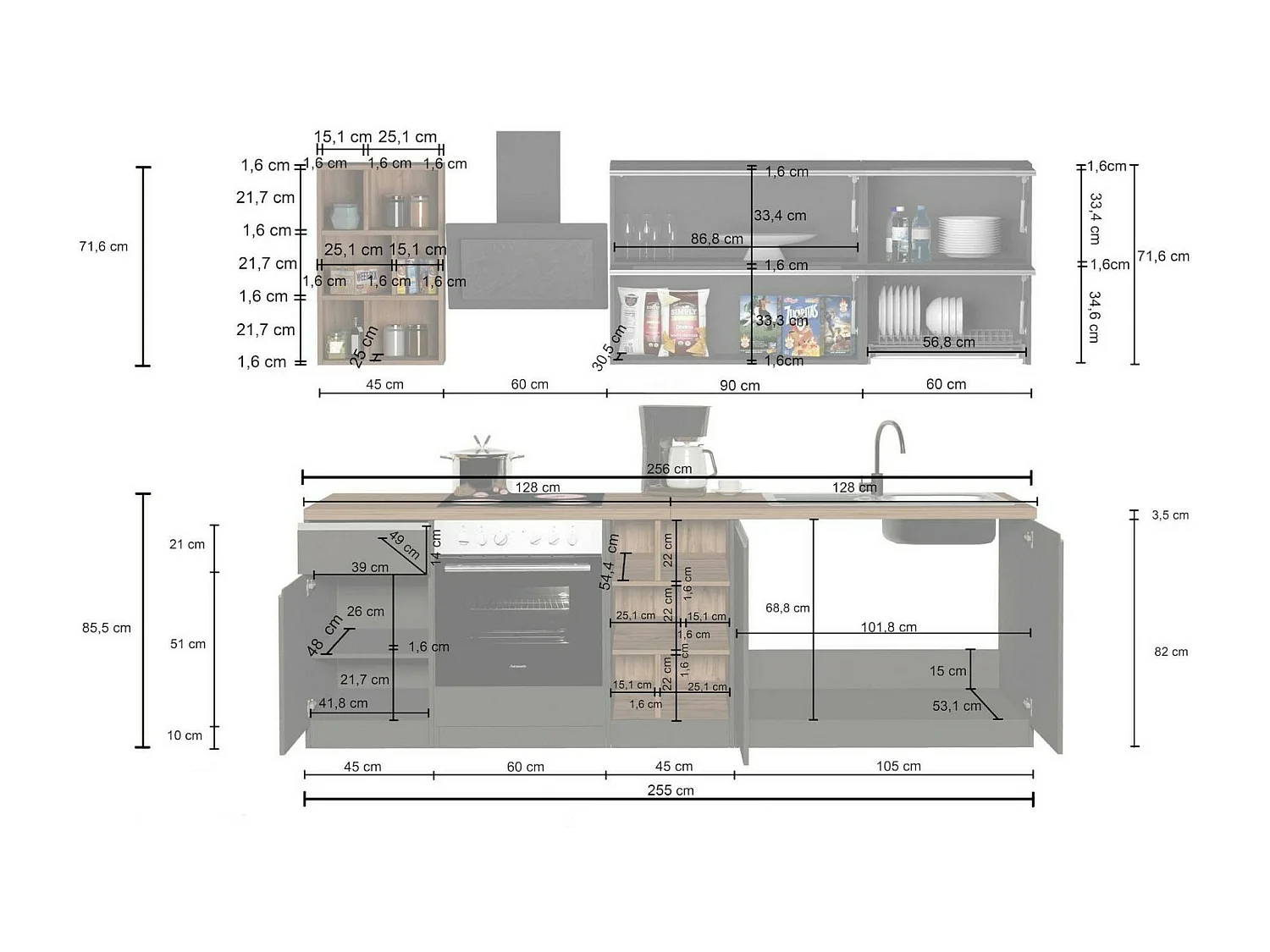 Cuisine complète Dcastill, Ensemble avec garde-manger, Meuble de kitchenette, Kit bloc linéaire, 100% Made in Italy, 255x60h85 cm, Anthracite et Ardoise