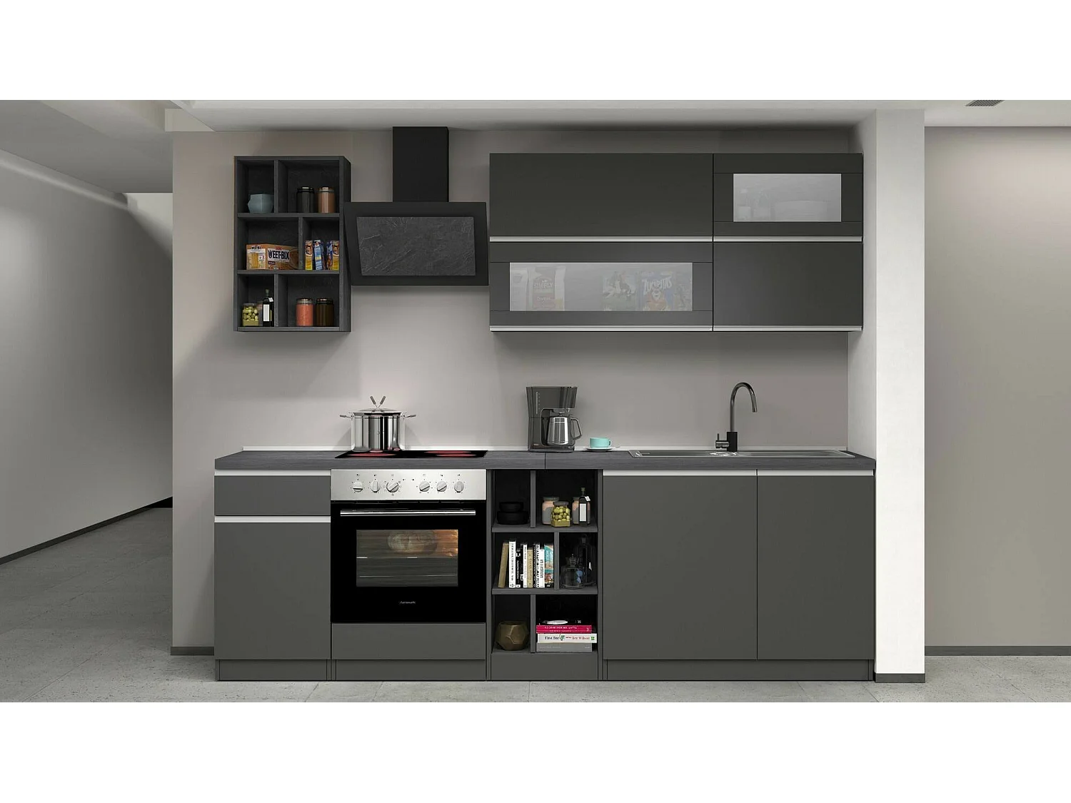 Cuisine complète Dcastill, Ensemble avec garde-manger, Meuble de kitchenette, Kit bloc linéaire, 100% Made in Italy, 255x60h85 cm, Anthracite et Ardoise