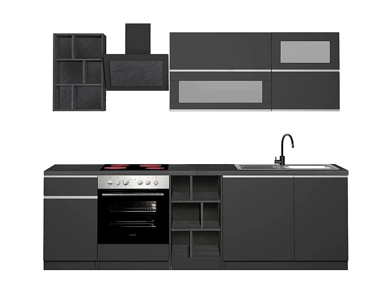 Cozinha completa Dcastill, Conjunto com despensa, Armário de cozinha, Kit de bloco linear, 100% Fabricado em Itália, 255x60h85 cm, Antracite e Ardósia