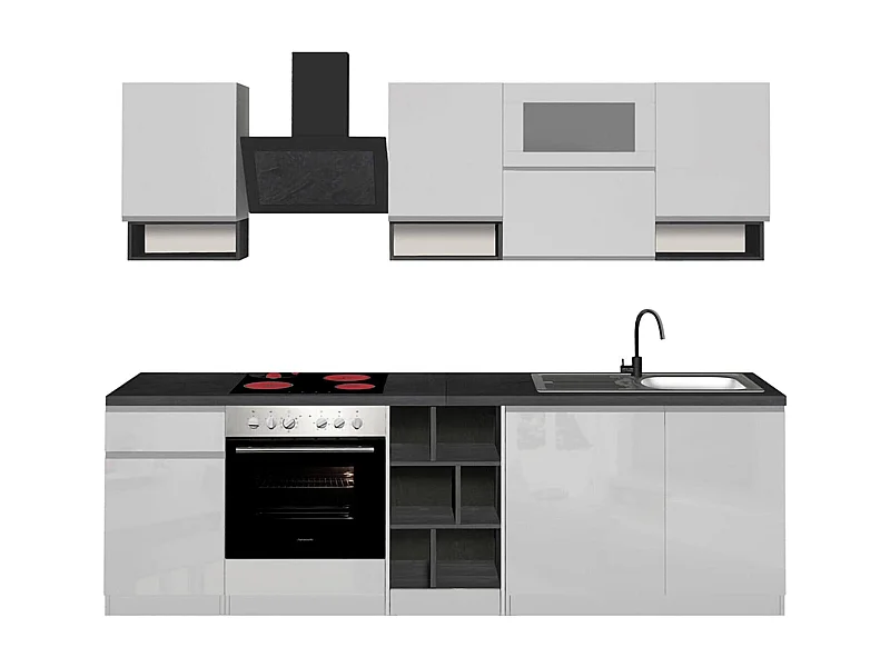 Vollständige Küche Dceccaron, Set mit Speisekammer, Küchenzeile Schrank, Linearer Blocksatz, 100 % Made in Italy, 255 x 60 x 85 cm, glänzendes WeiÃŸ und Schiefer