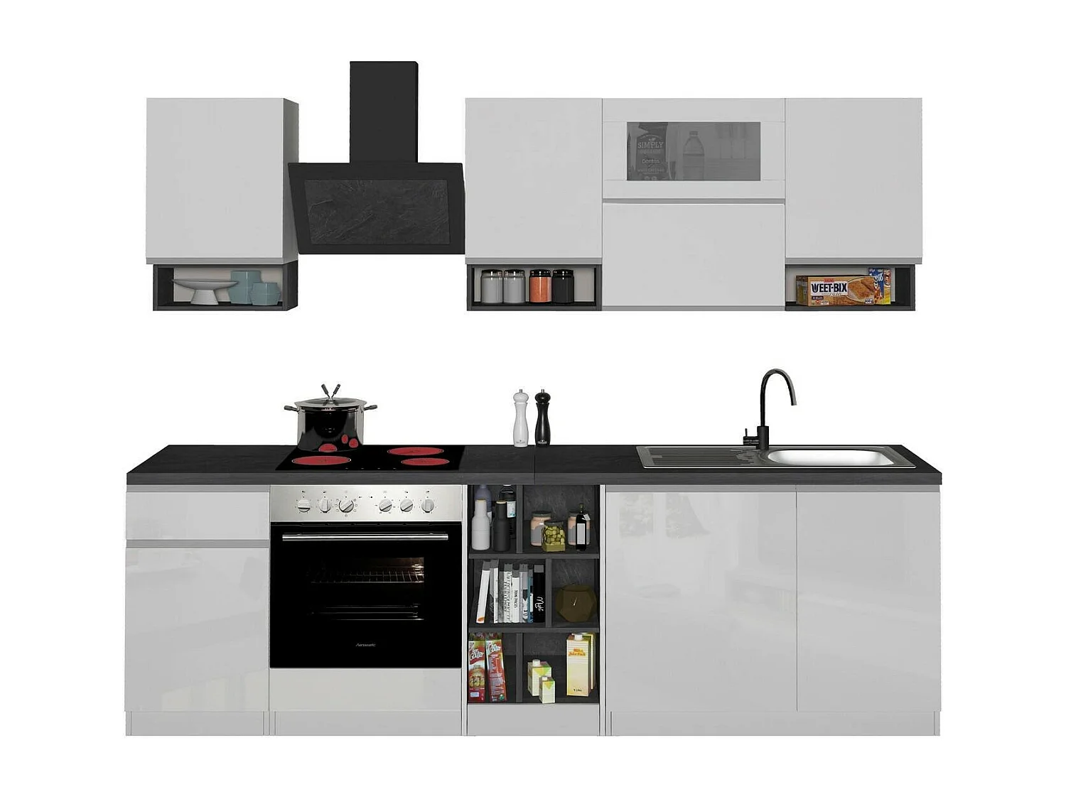Cuisine complète Dceccaron, Ensemble avec garde-manger, Meuble de kitchenette, Kit bloc linéaire, 100% Made in Italy, 255x60h85 cm, Blanc brillant et ardoise