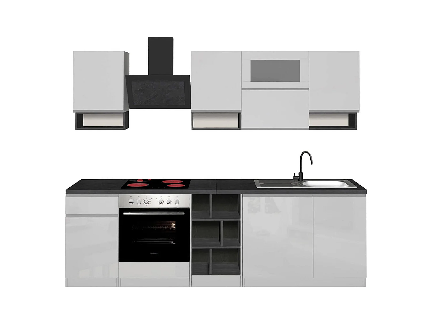Cuisine complète Dceccaron, Ensemble avec garde-manger, Meuble de kitchenette, Kit bloc linéaire, 100% Made in Italy, 255x60h85 cm, Blanc brillant et ardoise