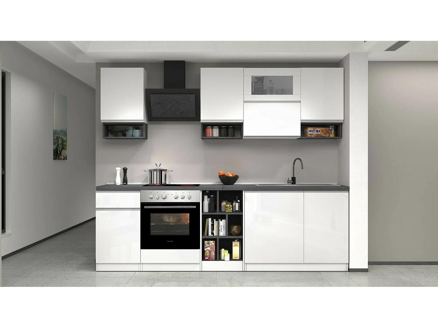 Cuisine complète Dceccaron, Ensemble avec garde-manger, Meuble de kitchenette, Kit bloc linéaire, 100% Made in Italy, 255x60h85 cm, Blanc brillant et ardoise