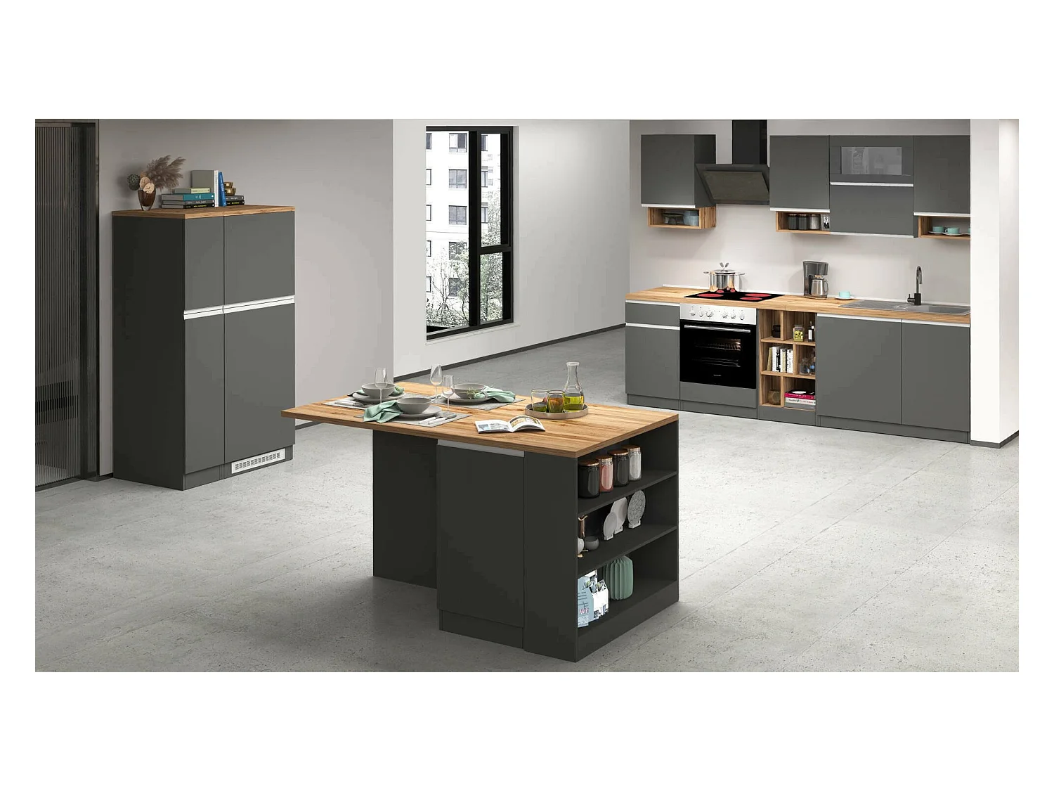 Cuisine complète Danderso, Ensemble avec garde-manger, Meuble de kitchenette, Kit bloc avec îlot et porte-frigo, 100% Made in Italy, Anthracite et Chêne