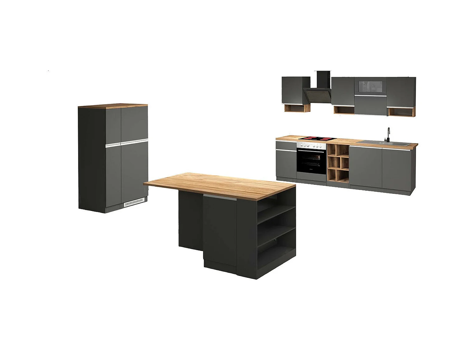 Vollständige Küche Danderso, Set mit Speisekammer, Küchenzeile Schrank, Blockbausatz mit Insel und Kühlschrankträger, 100 % Made in Italy, Anthrazit und Eiche