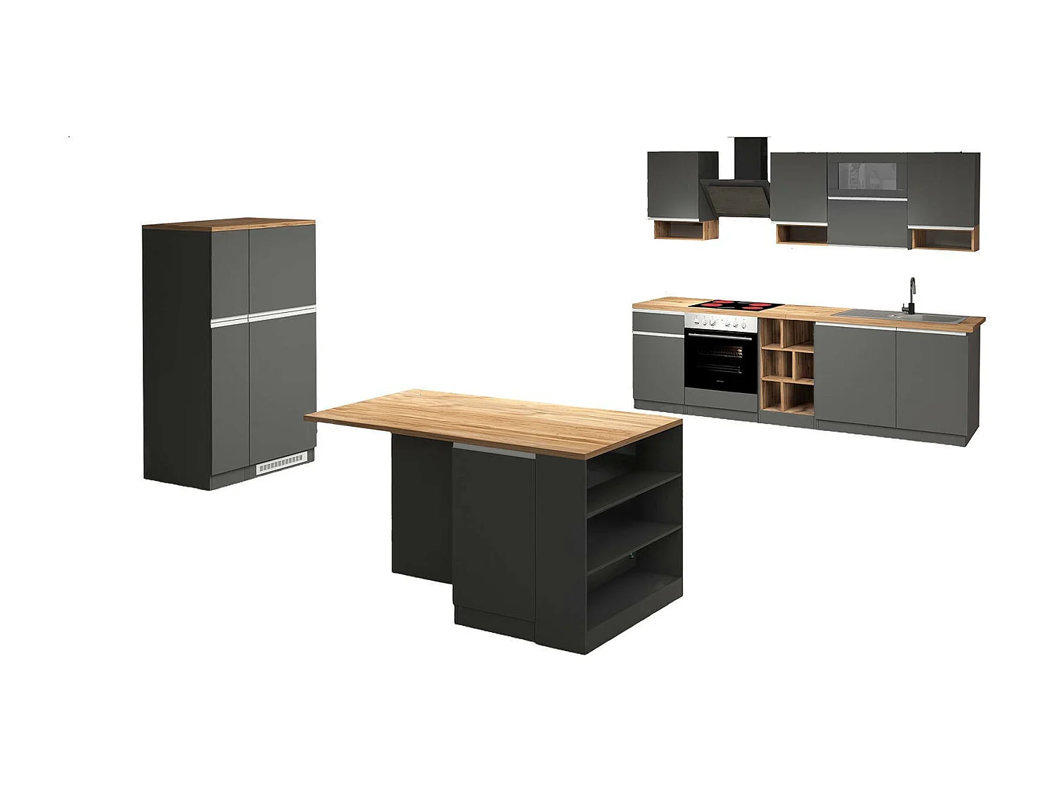 Cuisine complète Danderso, Ensemble avec garde-manger, Meuble de kitchenette, Kit bloc avec îlot et porte-frigo, 100% Made in Italy, Anthracite et Chêne