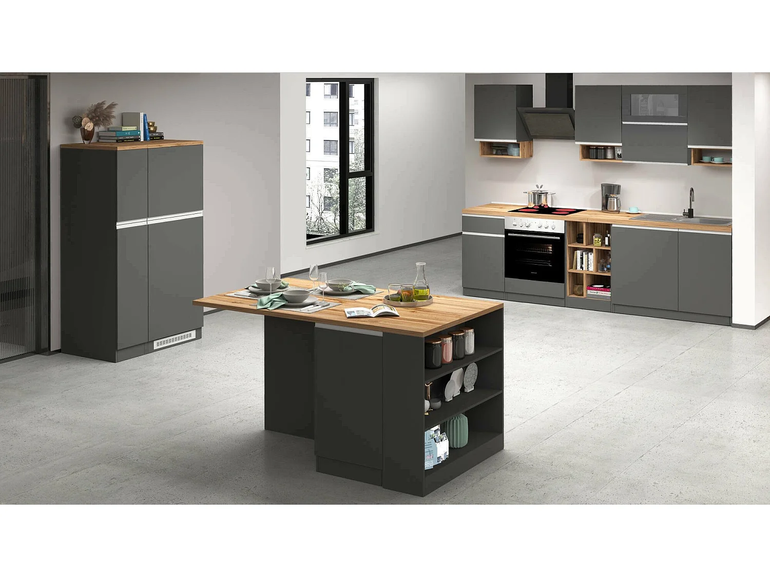 Cuisine complète Danderso, Ensemble avec garde-manger, Meuble de kitchenette, Kit bloc avec îlot et porte-frigo, 100% Made in Italy, Anthracite et Chêne