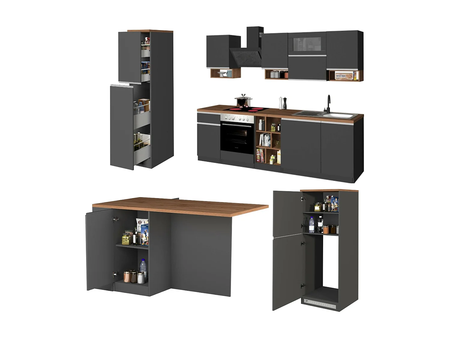 Cuisine complète Danderso, Ensemble avec garde-manger, Meuble de kitchenette, Kit bloc avec îlot et porte-frigo, 100% Made in Italy, Anthracite et Chêne