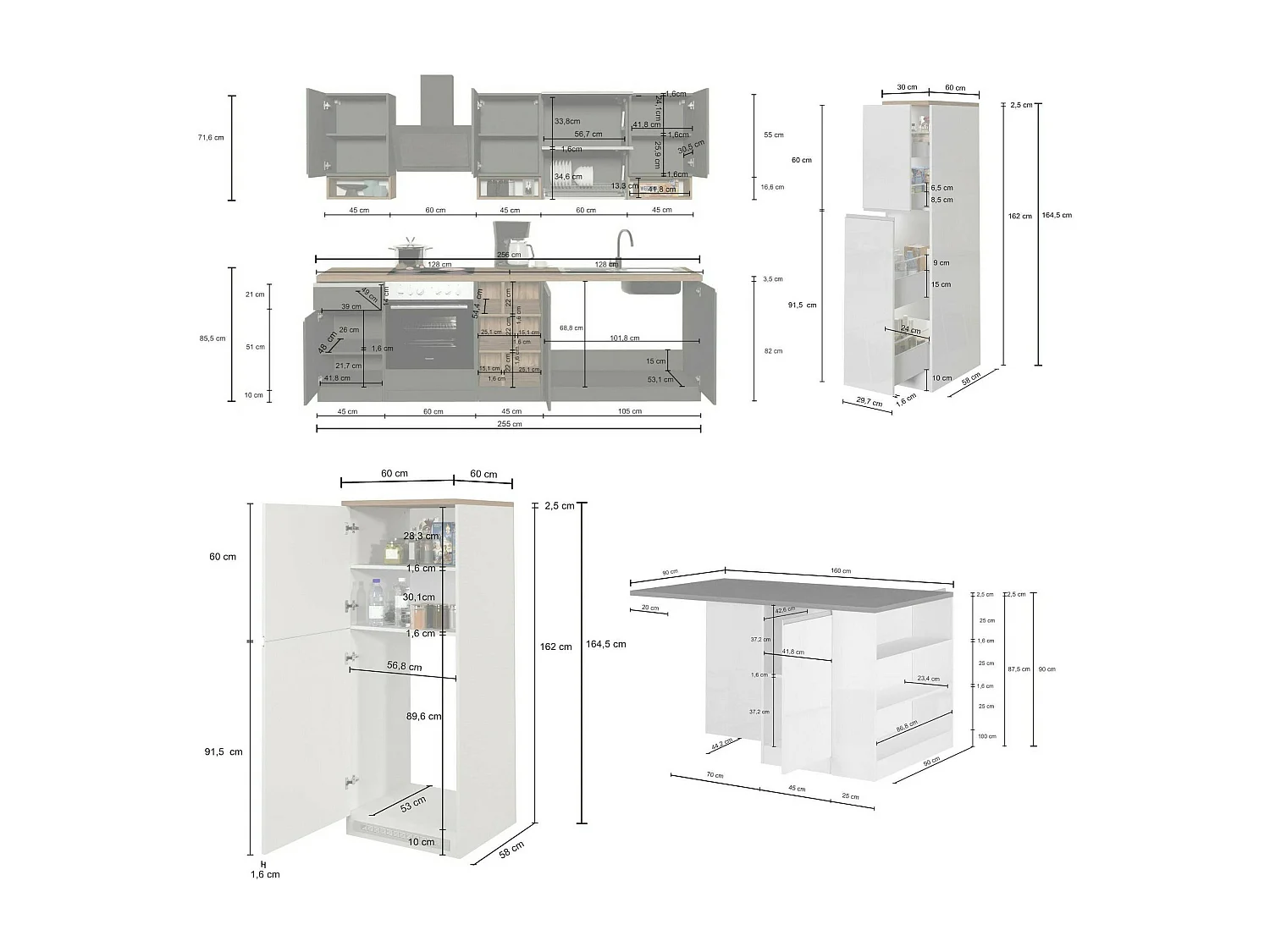 Cuisine complète Danderso, Ensemble avec garde-manger, Meuble de kitchenette, Kit bloc avec îlot et porte-frigo, 100% Made in Italy, Anthracite et Chêne