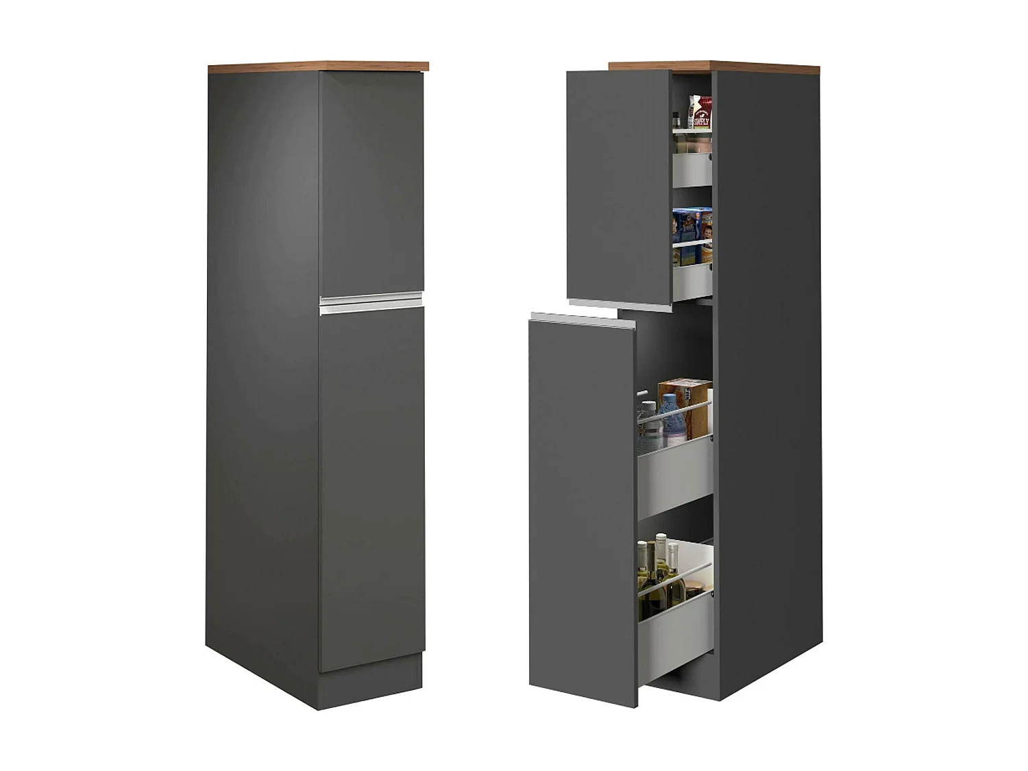 Cuisine complète Danderso, Ensemble avec garde-manger, Meuble de kitchenette, Kit bloc avec îlot et porte-frigo, 100% Made in Italy, Anthracite et Chêne