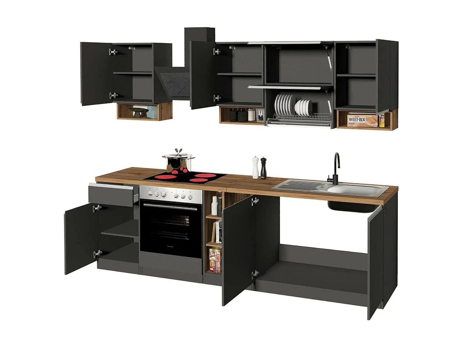 Cuisine complète Danderso, Ensemble avec garde-manger, Meuble de kitchenette, Kit bloc avec îlot et porte-frigo, 100% Made in Italy, Anthracite et Chêne