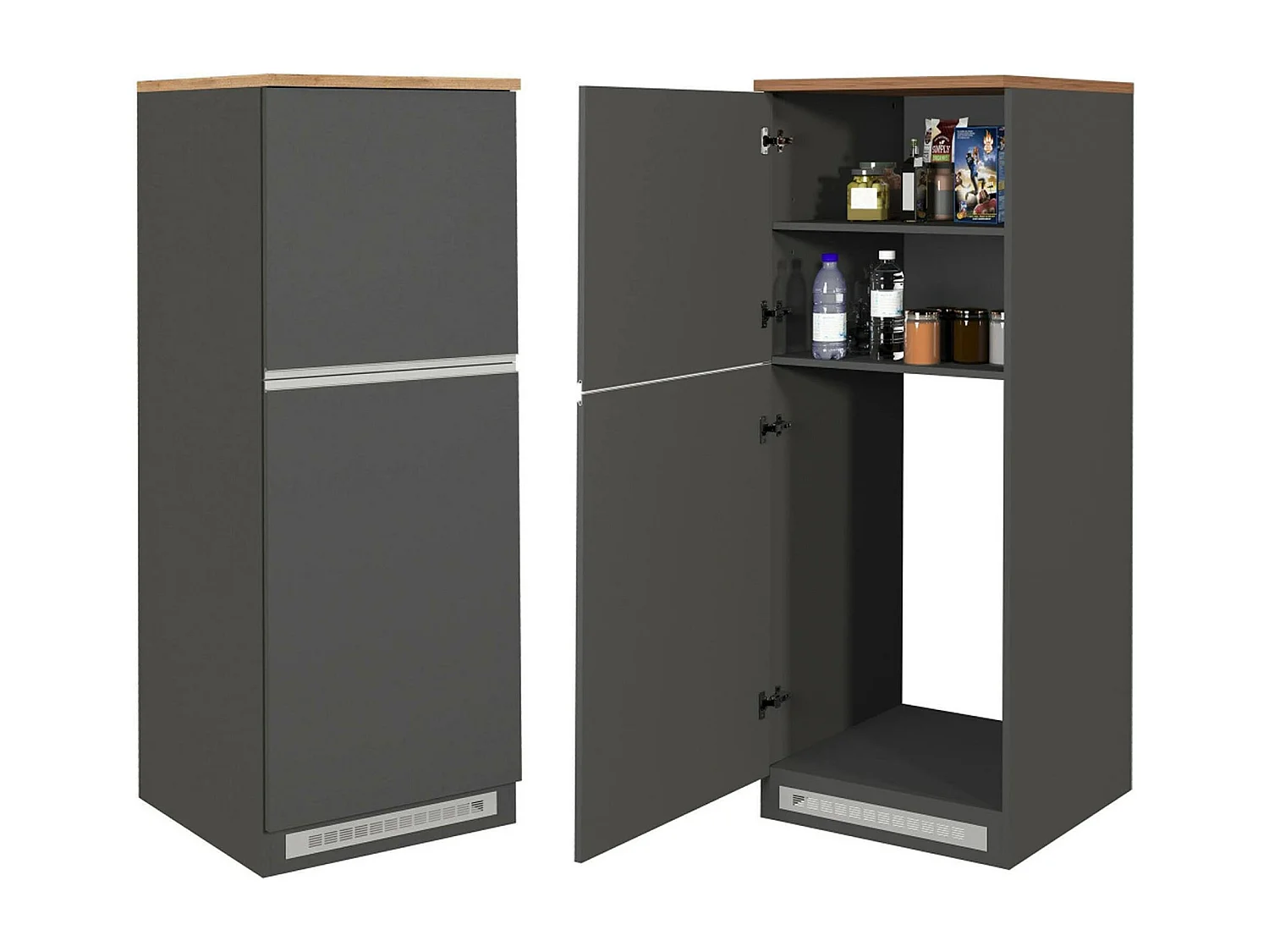 Cuisine complète Danderso, Ensemble avec garde-manger, Meuble de kitchenette, Kit bloc avec îlot et porte-frigo, 100% Made in Italy, Anthracite et Chêne