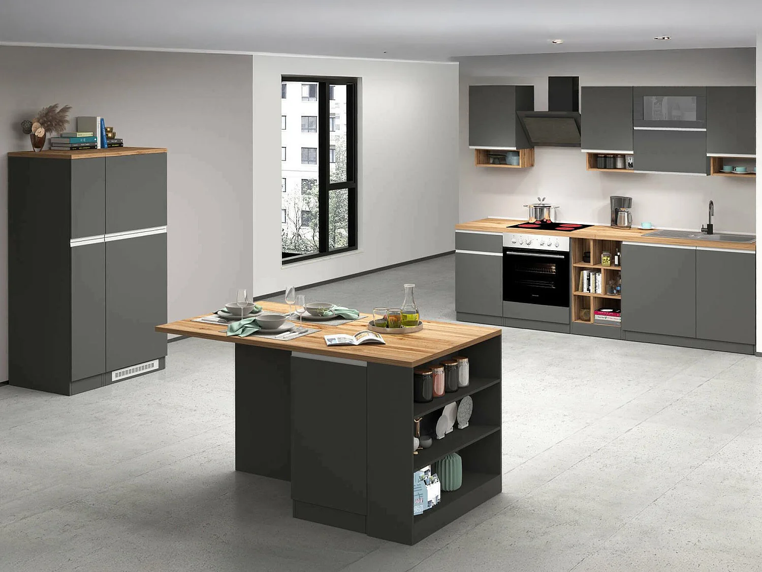 Cuisine Appiah, 31 étagères Fabriqué en Italie, gris ardoise, kitchenette, modulable, 3 tiroirs, Électroménagers non inclus
