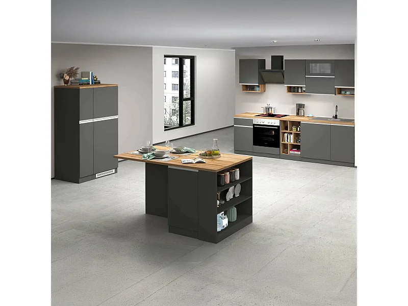 Cuisine complète Danderso, Ensemble avec garde-manger, Meuble de kitchenette, Kit bloc avec îlot et porte-frigo, 100% Made in Italy, Anthracite et Chêne