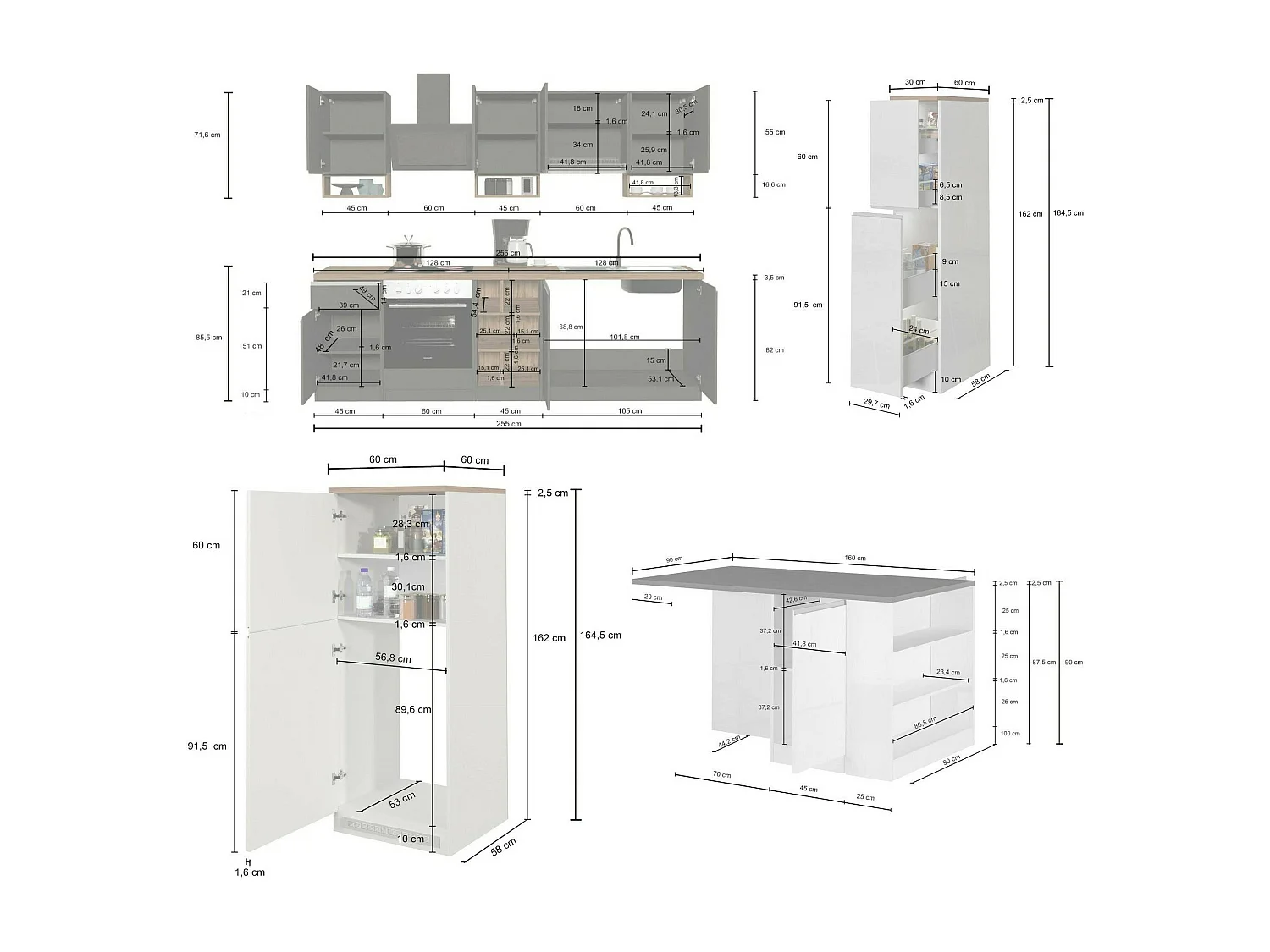 Cuisine complète Dantenucc, Ensemble avec garde-manger, Meuble de kitchenette, Kit bloc avec îlot et porte-frigo, 100% Made in Italy, Blanc brillant et ardoise