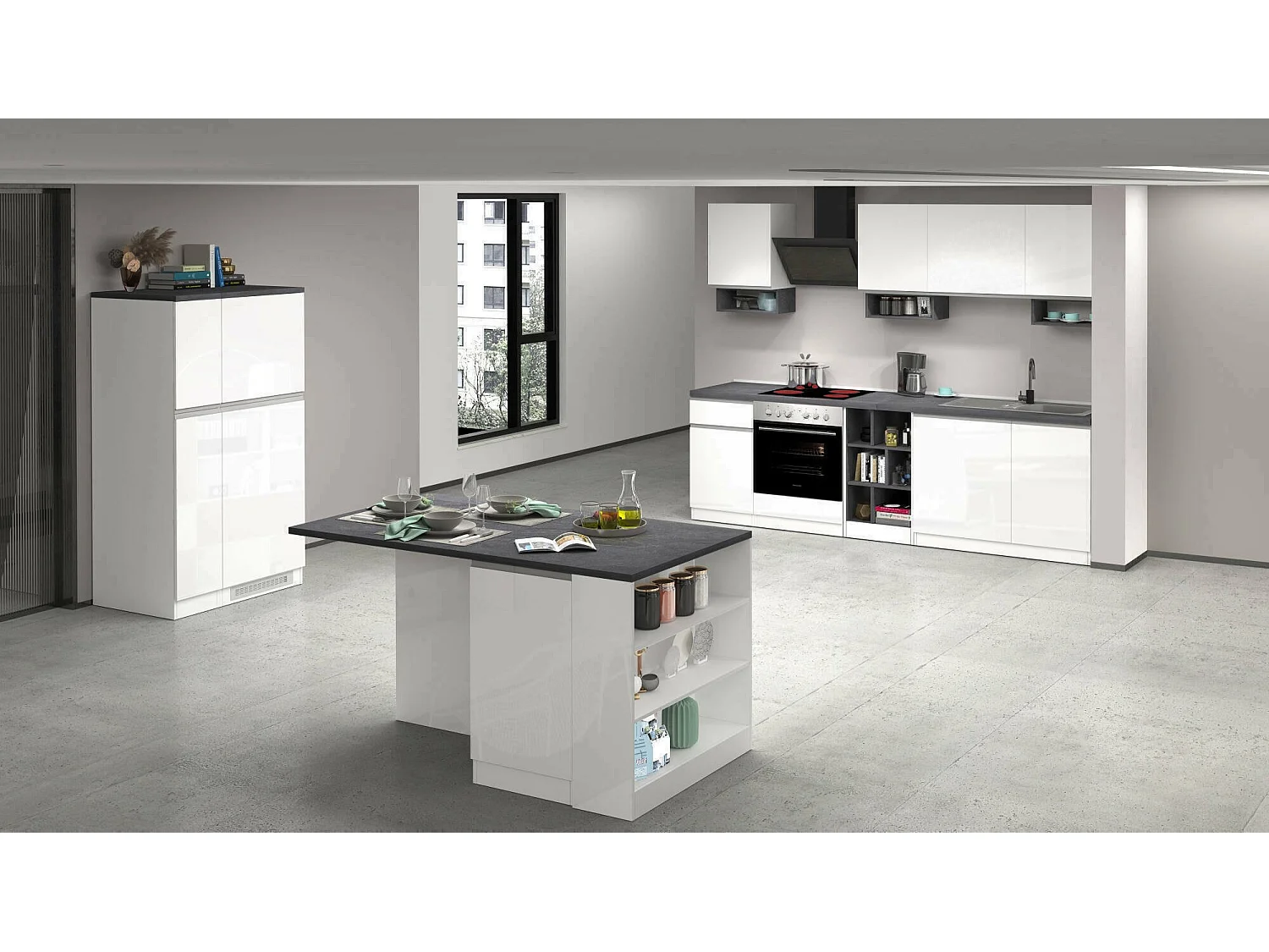 Cuisine complète Dantenucc, Ensemble avec garde-manger, Meuble de kitchenette, Kit bloc avec îlot et porte-frigo, 100% Made in Italy, Blanc brillant et ardoise