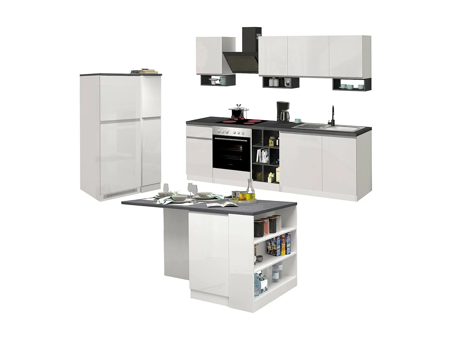 Cuisine complète Dantenucc, Ensemble avec garde-manger, Meuble de kitchenette, Kit bloc avec îlot et porte-frigo, 100% Made in Italy, Blanc brillant et ardoise