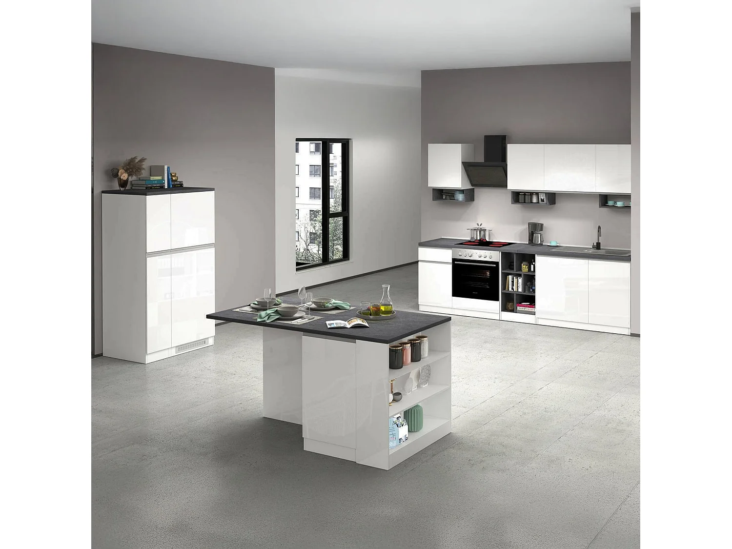Cuisine complète Dantenucc, Ensemble avec garde-manger, Meuble de kitchenette, Kit bloc avec îlot et porte-frigo, 100% Made in Italy, Blanc brillant et ardoise