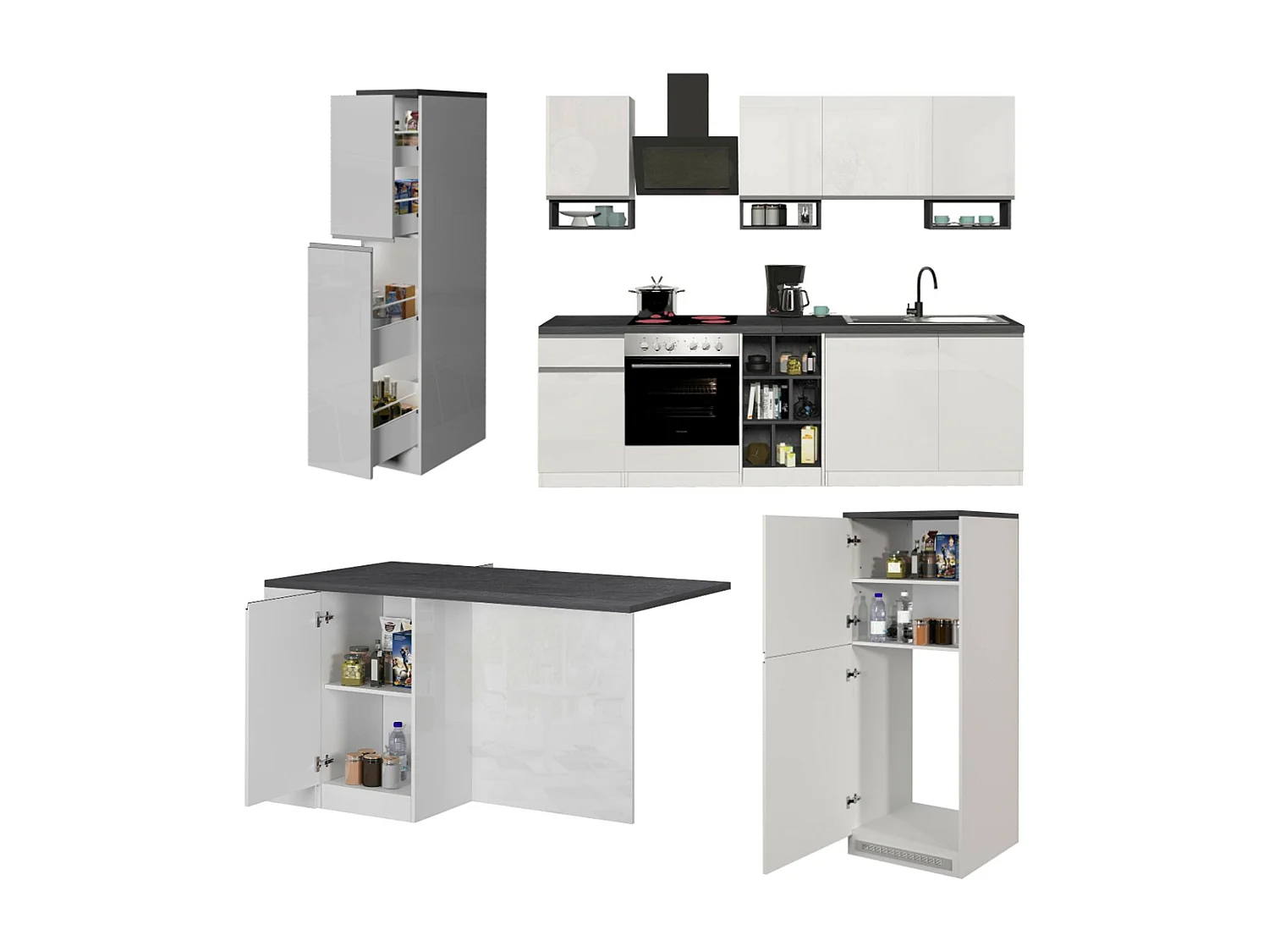 Cuisine complète Dantenucc, Ensemble avec garde-manger, Meuble de kitchenette, Kit bloc avec îlot et porte-frigo, 100% Made in Italy, Blanc brillant et ardoise