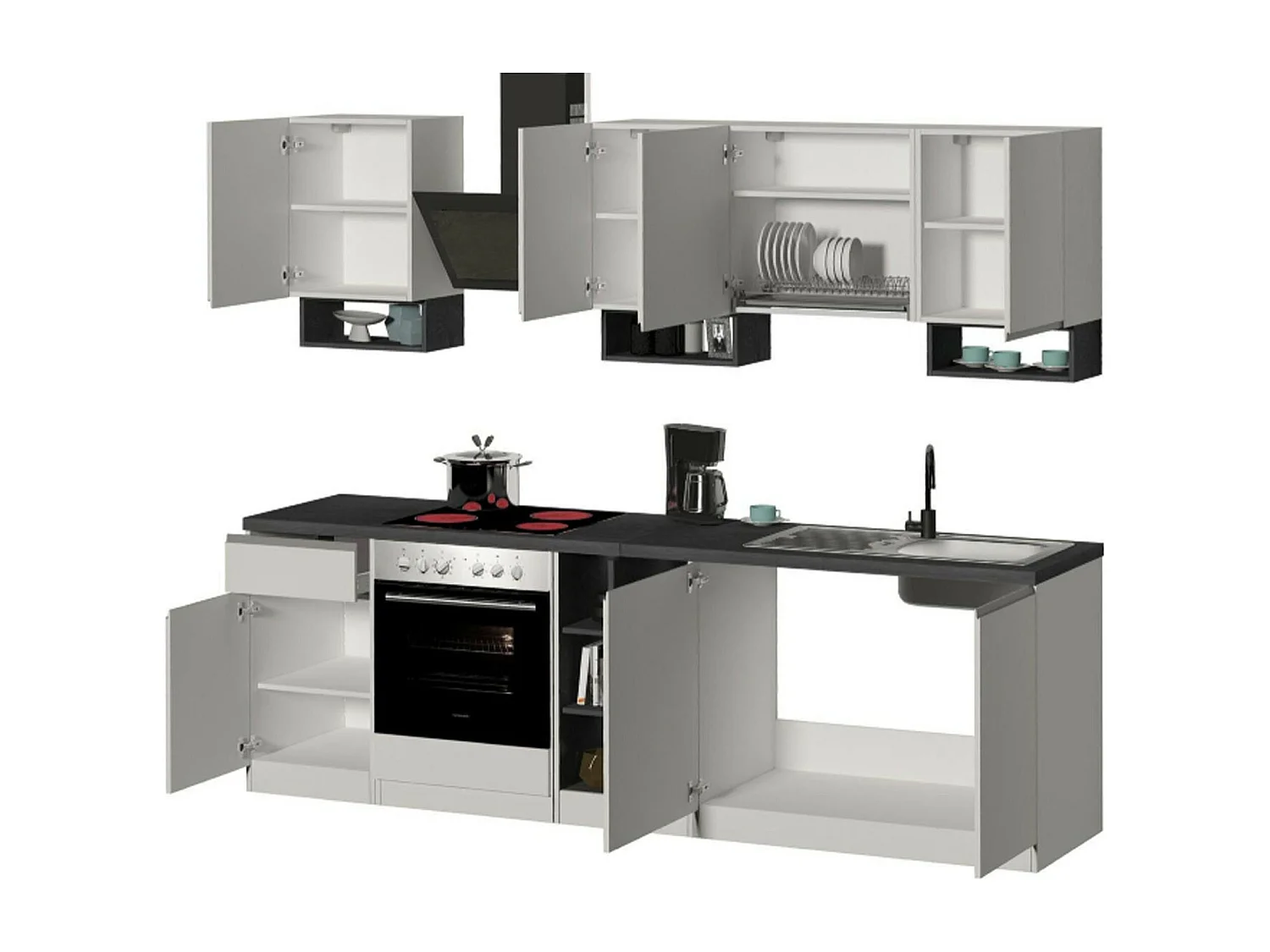 Cuisine complète Dantenucc, Ensemble avec garde-manger, Meuble de kitchenette, Kit bloc avec îlot et porte-frigo, 100% Made in Italy, Blanc brillant et ardoise