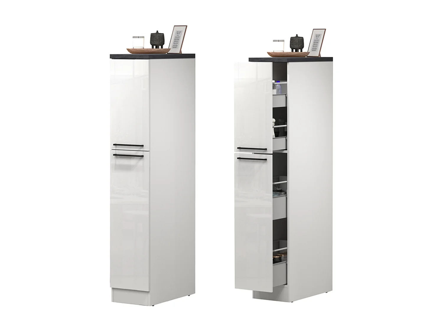 Cuisine complète Dantenucc, Ensemble avec garde-manger, Meuble de kitchenette, Kit bloc avec îlot et porte-frigo, 100% Made in Italy, Blanc brillant et ardoise