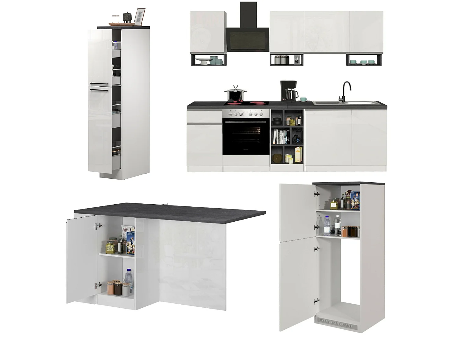 Cuisine Balme, modulable, fabriquée en Italie, blanc brillant, kitchenette, 29 étagères, 3 tiroirs, Électroménagers non inclus